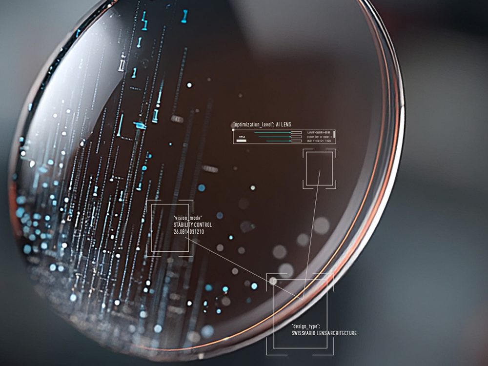 Nahaufnahme eines Swissvario-Gleitsichtglases von Optiswiss